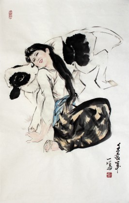 【已售】辽宁美协王一鸣三尺《少女和小花牛》