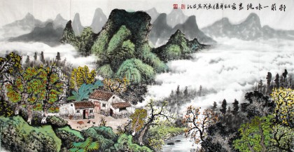 【已售】宁良成四尺山水《邨前一水绕农家》