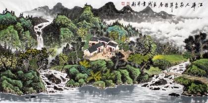 【已售】宁良成四尺山水画《江岸人家》