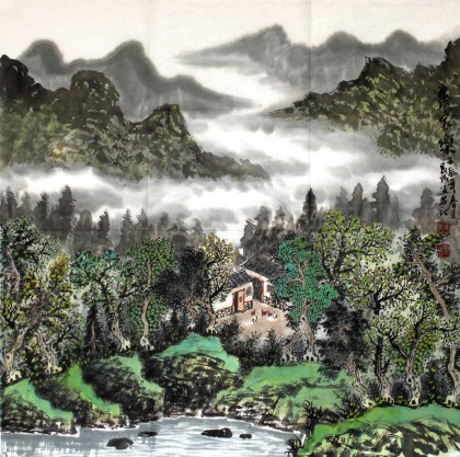 【已售】宁良成四尺斗方山水《农家乐》