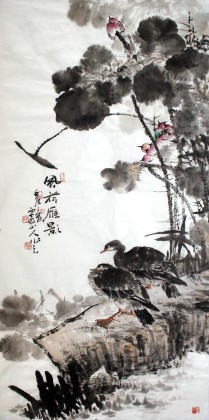 【已售】西蜀山人四尺大雁图《风荷雁影》
