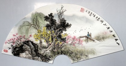 【已售】吉林美协邹本财扇面《山花初开春正好》
