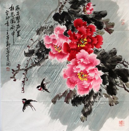 【已售】特价：王芳四尺斗方卧室牡丹《相思风雨中》