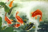 【已售】何怡六尺工笔吉祥九鱼图《荷塘情趣》