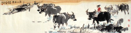 QA中美协会员 画坛名家王向阳六尺对开《渡口牧牛》