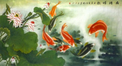 【已售】何怡六尺工笔吉祥九鱼图《荷塘情趣》