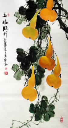 【已售】三尺国画葫芦《五福临门》