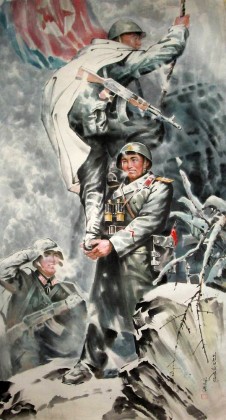 【已售】朝鲜画家 金永哲 人物画作品《守卫红旗》
