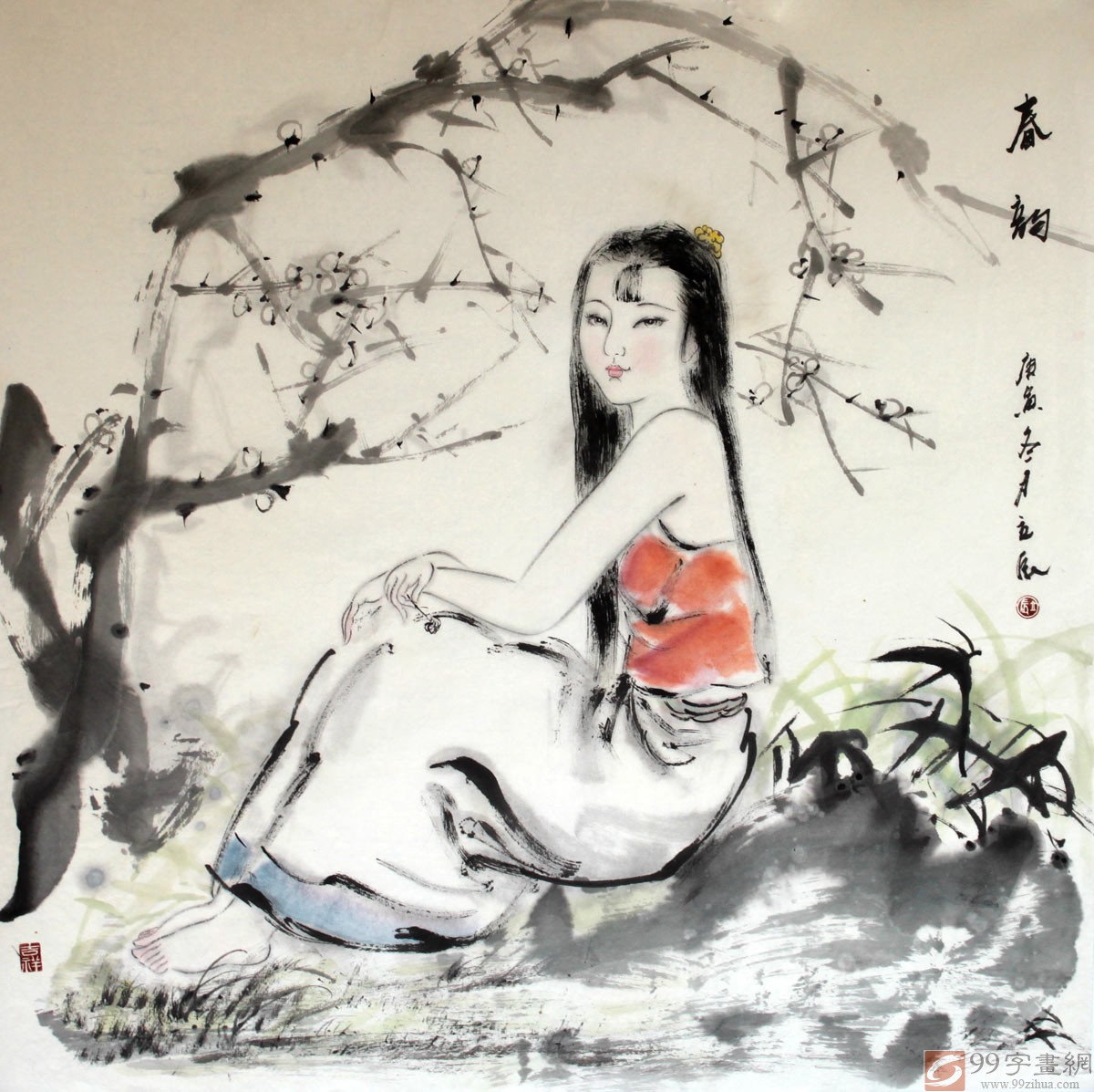 卧室装饰画《春韵》 - 仕女图 - 99字画网