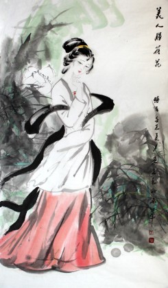 QA李立辰四尺仕女作品《美人胜荷花》（询价）