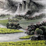 【已售】客厅装饰六尺聚宝盆山水《山村黎明》