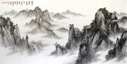名家刘金河四尺山水《青峰无语立云天》
