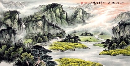 【已售】四尺聚宝盆山水画《山村清流》