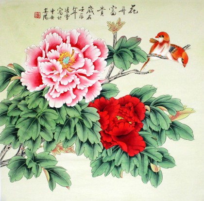 【已售】凌雪斗方工笔卧室画《花开富贵》