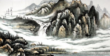 【已售】徐来选四尺山水画作品《江边泊舟》