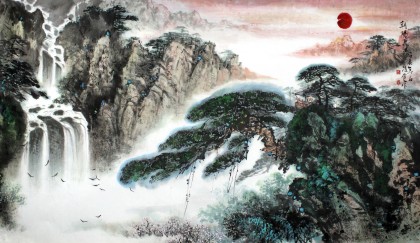 SK王凌云四尺山水国画《朝阳飞瀑》