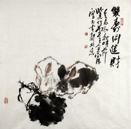 SK中美协会员 画坛名家王向阳四尺斗方《双寿同进财》(询价)