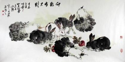 QA中美协会员 画坛名家王向阳四尺国画《卯兔有大财》(询价)