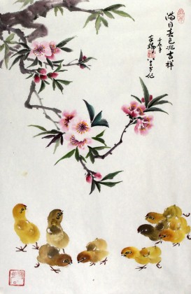 SK蒲家瑞四尺三开小鸡图《满目春色兆吉祥》