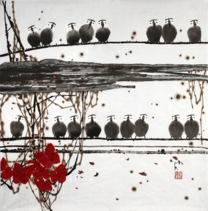 【已售】辽宁著名画家苗雨四尺斗方《红叶群雀》