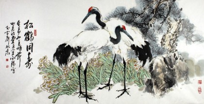 著名画家王向阳四尺作品《松鹤同寿》