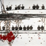 【已售】辽宁著名画家苗雨四尺斗方《红叶群雀》