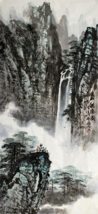 著名画家王凌云三尺山水《黄山观瀑图》（微信询价）