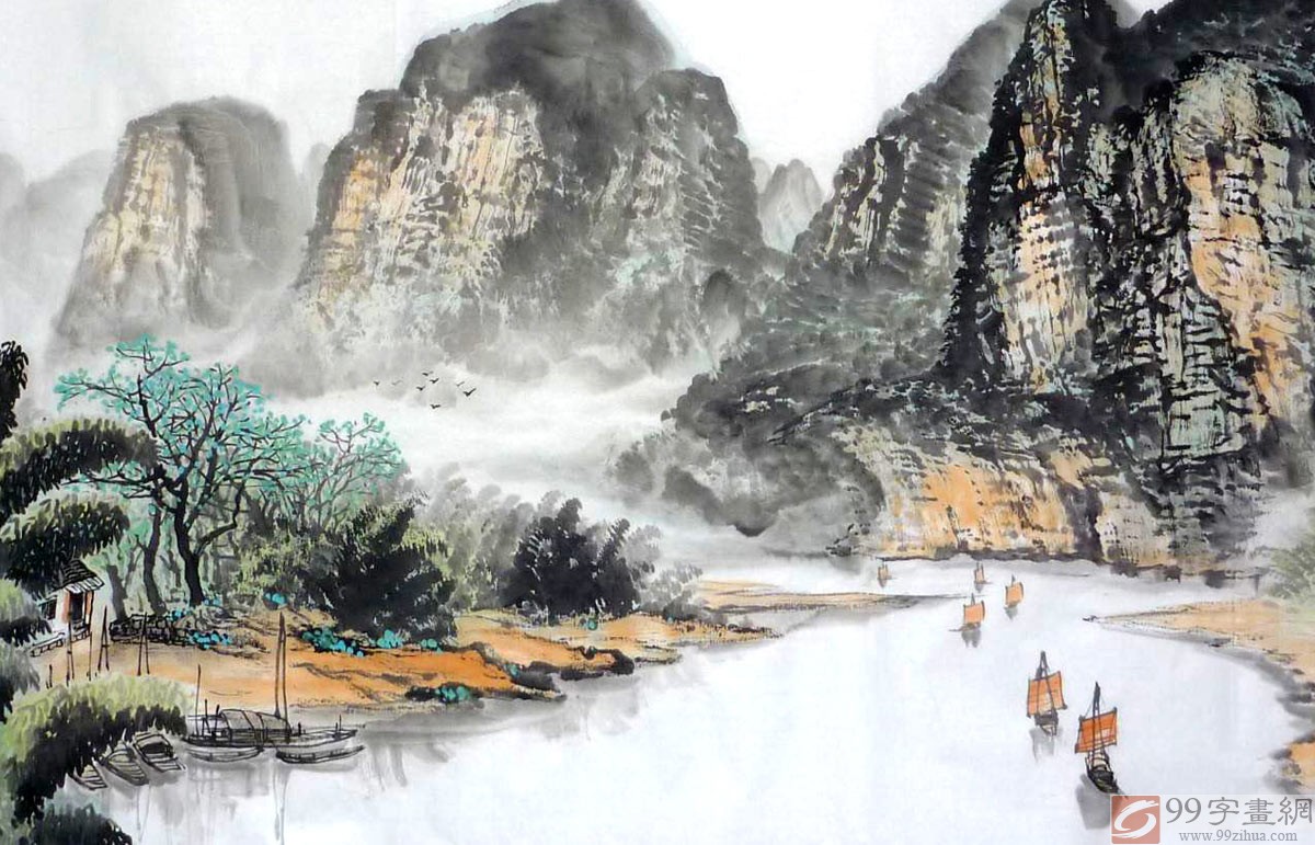 桂林风景国画- 写意山水画- 99字画网