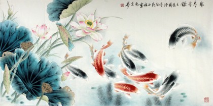 中国古美術・荷花鯉鱼図三尺画芯・啓功印款・水墨画・純手描き・文房具・宣紙・带水印 中国古美術・荷花鯉鱼図三尺画芯・啓功印款・水墨画・純手描き・文房具
