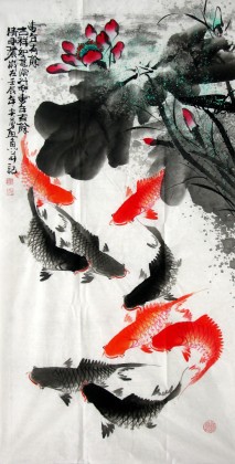 【已售】四尺吉祥九鱼图《连年有余》