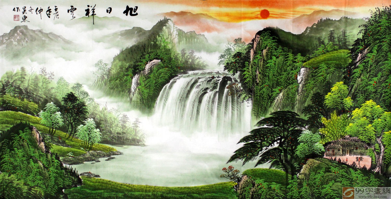 画面寓意深刻:前有财路,后有靠山;左有招财树,右有挡灾树;财源滚滚;壮丽壮观,权威旺盛,功名荣达适合客厅,经商场所。为您带来滚滚财源!;整幅作品山形构图极其独具匠心,瀑布寓意:财源滚滚;水潭寓意:聚宝盆。 整幅作品满含财运如浩浩瀑水,生生不息之意。作品中远山层峦叠峰,更表达了源远流长的意境。风水上说:山管人丁,水管财。因此不管是客厅、办公室、经商场所挂这幅山水画都是非常吉利的。