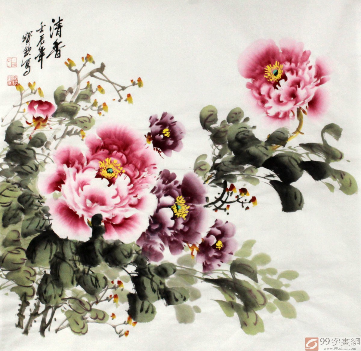 已售名家王宝钦四尺斗方牡丹清香询价