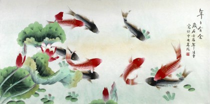 【已售】凌雪四尺工笔荷花九鱼图《年年有余》