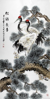 著名画家王宝钦小六尺祝寿作品《松鹤长寿》