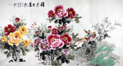 王宝钦六尺锦鸡牡丹图《国色天香》