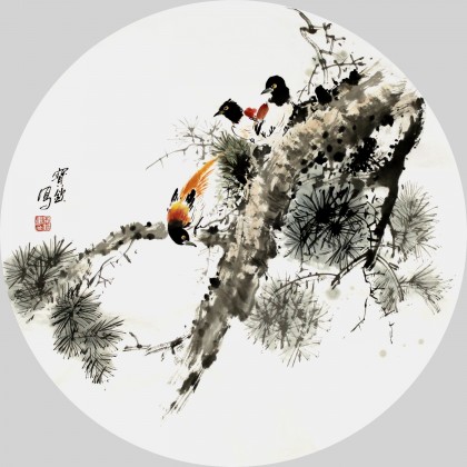 【已售】王宝钦四尺扇形花鸟精品《长寿图》(询价)