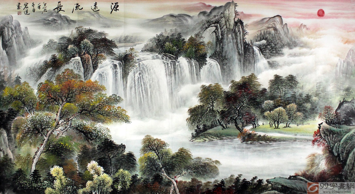 画面寓意深刻:前有财路,后有靠山;左有招财树,右有挡灾树;财源滚滚;壮丽壮观,权威旺盛,功名荣达适合客厅。为您带来滚滚财源!;整幅作品山形构图极其独具匠心,瀑布寓意:财源滚滚;水潭寓意:聚宝盆; 整幅作品满含鸿运当头,财运如浩浩瀑水,生生不息之意。作品中远山层峦叠峰,更表达了泉源广长的意境。风水上说:山管人丁,水管财。因此不管是客厅、办公室、经商场所挂这幅山水画都是非常吉利的。