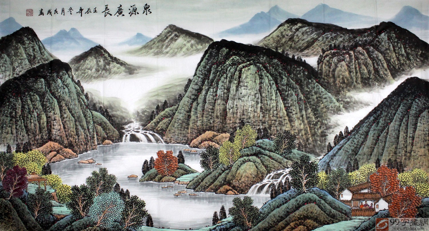 国画斗方已装裱写意山水画水墨画国画山水重彩山水镜片字画礼品_tmhy0512