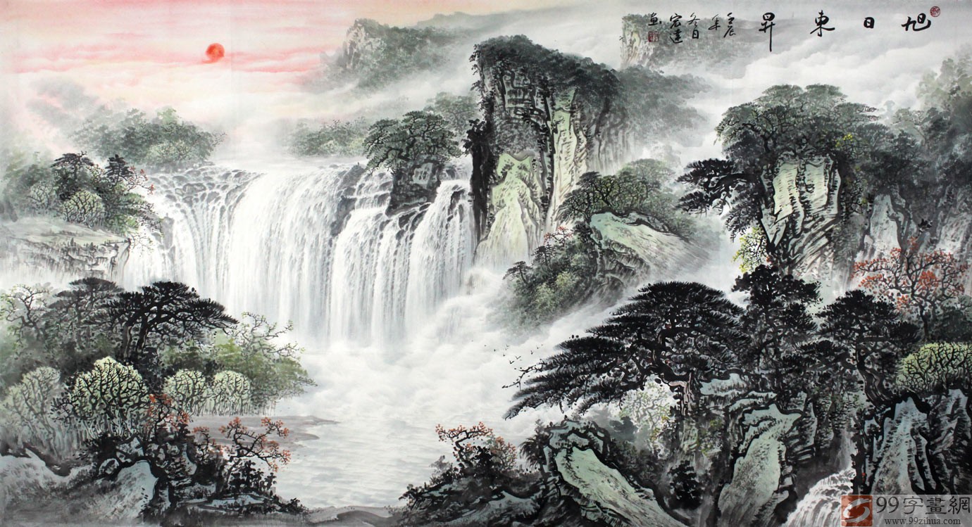 画面寓意深刻:前有财路,后有靠山;左有招财树,右有挡灾树;财源滚滚;壮丽壮观,权威旺盛,功名荣达适合客厅。为您带来滚滚财源!;整幅作品山形构图极其独具匠心,瀑布寓意:财源滚滚;水潭寓意:聚宝盆; 整幅作品满含鸿运当头,财运如浩浩瀑水,生生不息之意。作品中远山层峦叠峰,更表达了泉源广长的意境。风水上说:山管人丁,水管财。因此不管是客厅、办公室、经商场所挂这幅山水画都是非常吉利的。