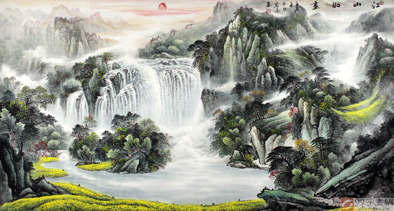 画面寓意深刻:前有财路,后有靠山;左有招财树,右有挡灾树;财源滚滚;壮丽壮观,权威旺盛,功名荣达适合客厅。为您带来滚滚财源!;整幅作品山形构图极其独具匠心,瀑布寓意:财源滚滚;水潭寓意:聚宝盆; 整幅作品满含鸿运当头,财运如浩浩瀑水,生生不息之意。作品中远山层峦叠峰,更表达了泉源广长的意境。风水上说:山管人丁,水管财。因此不管是客厅、办公室、经商场所挂这幅山水画都是非常吉利的。