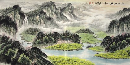 【已售】四尺聚宝盆风水画《江山如画》