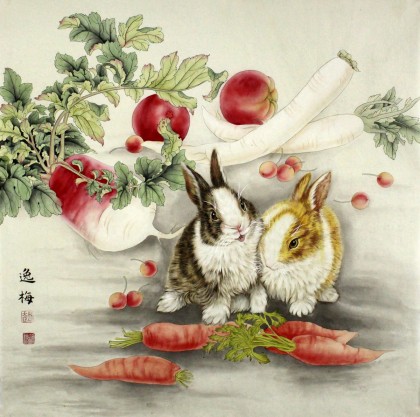 山东美协赵逸梅四尺斗方《玉兔丰硕图》