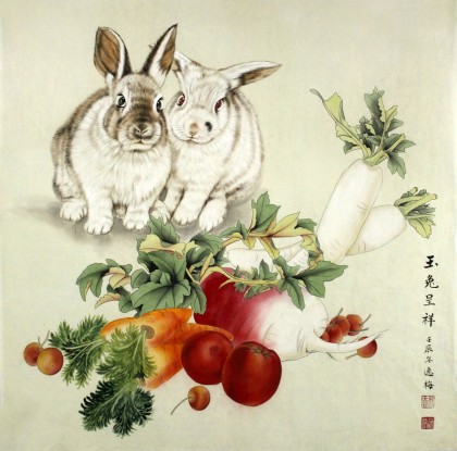 【已售】山东美协赵逸梅四尺斗方《玉兔呈祥》