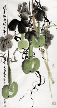 王宝钦三尺花鸟画《晚来细雨葫芦香》