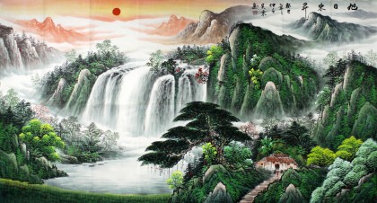 吴东六尺聚宝盆山水画《旭日东升》