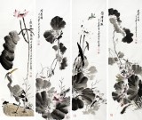 王宝钦 四尺花鸟四条屏《荷香图》当代花鸟牡丹画名家（询价）