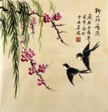 【已售】凌雪三尺斗方花鸟画《柳荫飞燕》