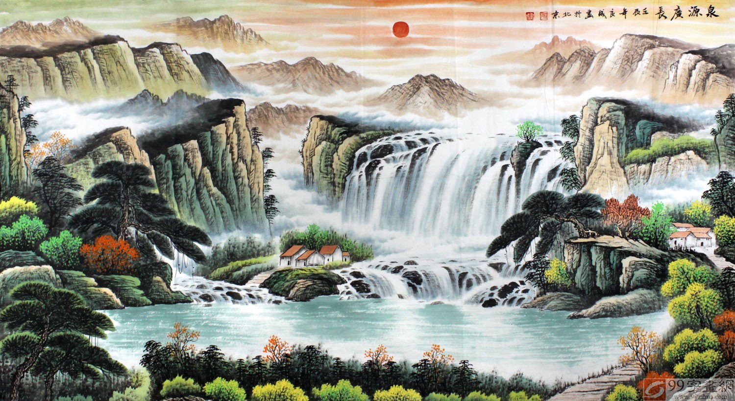 瀑布山水圖 山水瀑布风景画-创图网