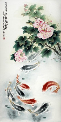 【已售】河南美协董书林四尺风水九鱼图《富贵有余锦鲤献瑞》