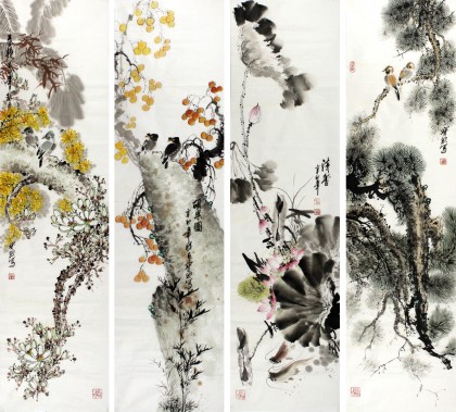 【已售】王宝钦 四尺精品花鸟条屏《清香》当代花鸟牡丹画名家（询价）